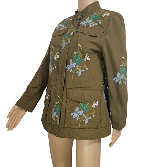 Olive Embroidered Floral Belted Zip Up Utility Standing Collar Jacket Size Med - Picture 3 of 10